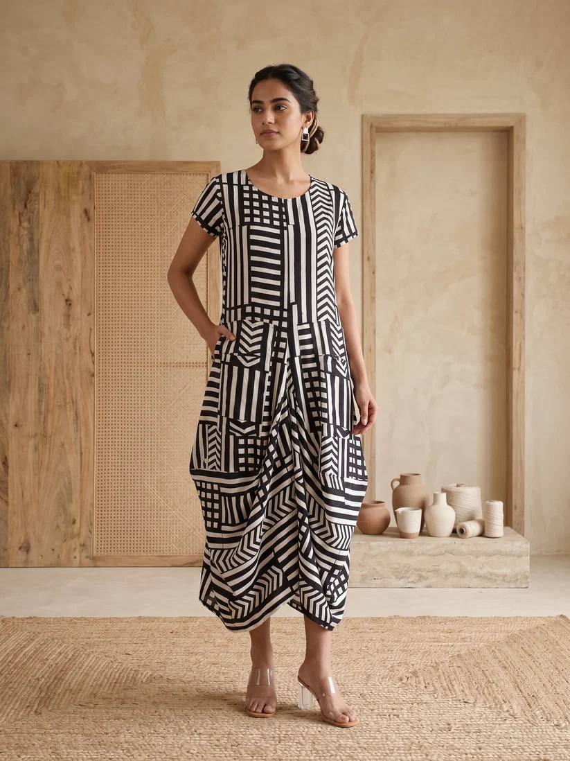 Black & White Cotton Drape Dress