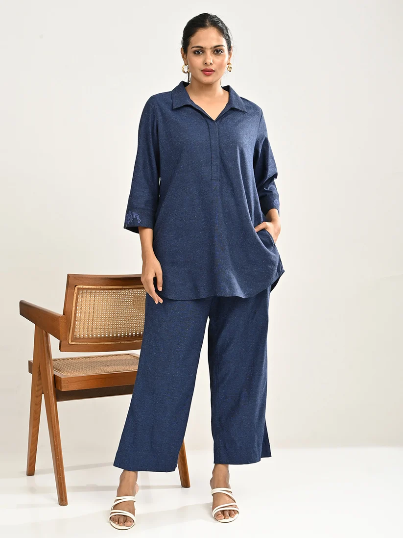 Cotton Linen Cord Set in Navy Blue