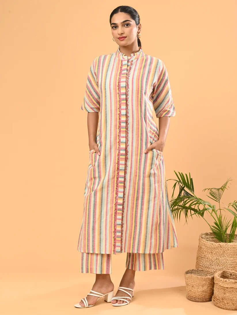 Cotton Cord Set in Multicolour yarn Dyed stripes with Embroidery