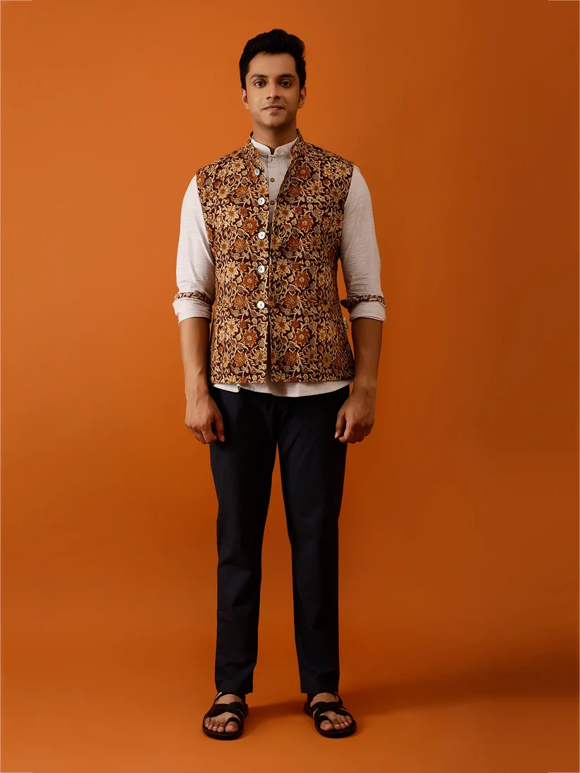 Maroon & Gold Floral Nehru Reversible-Jacket
