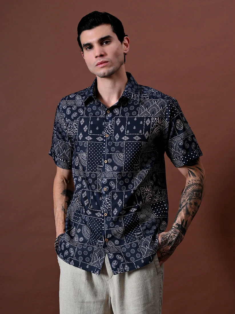 Beach wear Printed Shirt In Cotton Linen Blend