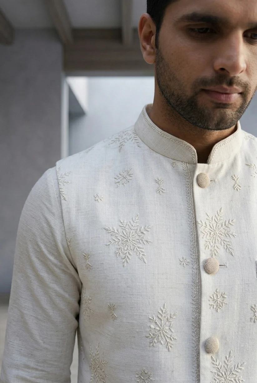 Festive Raw Silk Embroidered Bundi- White