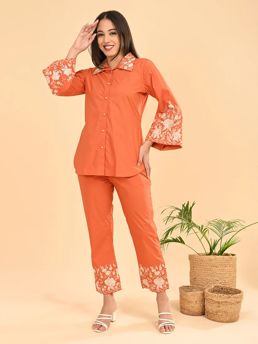 Orange Embroidered Co-Ord Set for Women | Collared Shirt & straight Pants