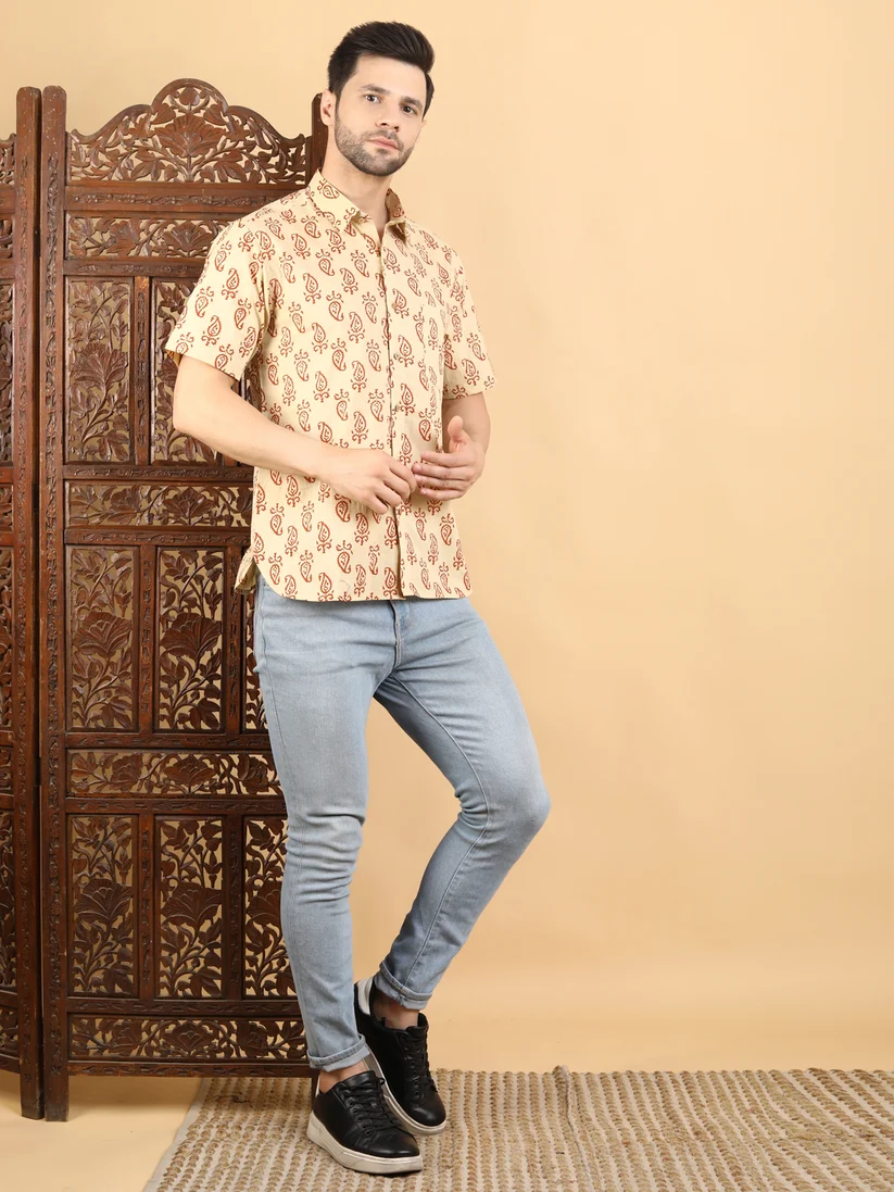 Half Sleeve Shirt in Cotton with Hand Block Print