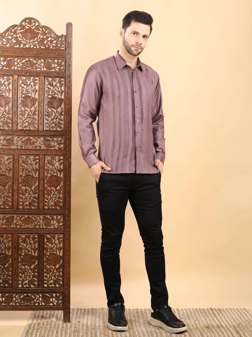 Men's Dusty Mauve Textured Pintuck Full Sleeve Casual Shirt