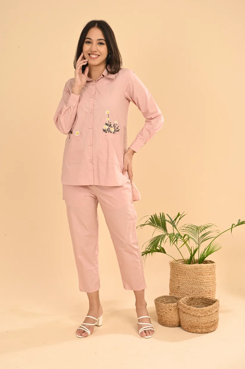 Cord Set In Pink with Embroidery