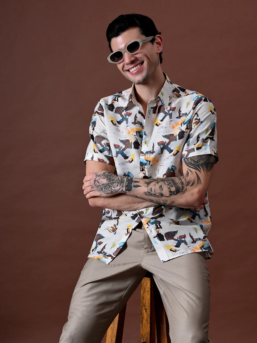 Beach wear Printed Shirt In Cotton Linen Blend