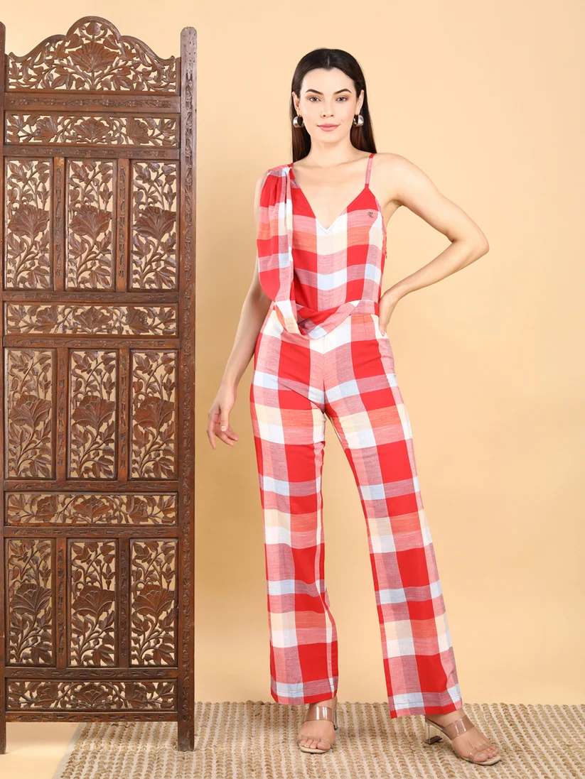 Bold Red Checkered Draped Jumpsuit