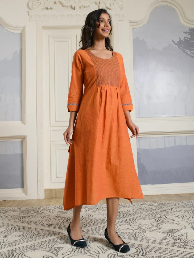 Orange Cotton A-line Dress