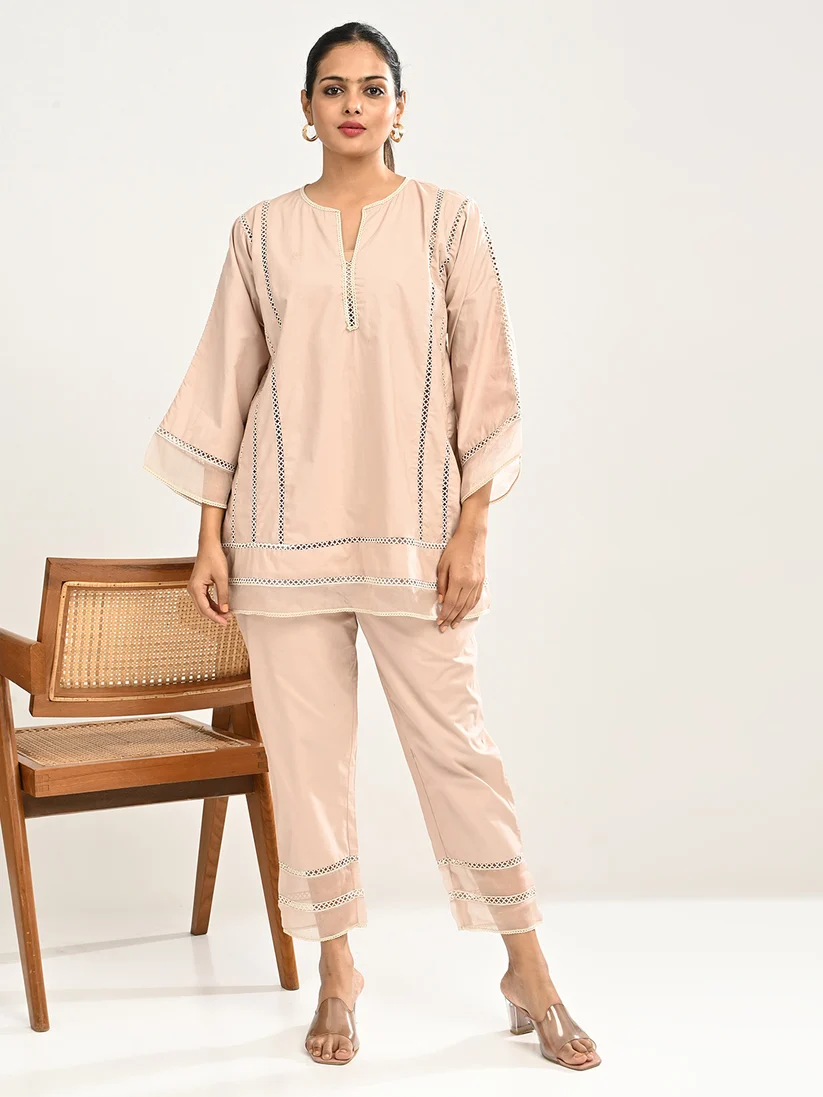 Cotton Co-ord set in Peach Color with Laces