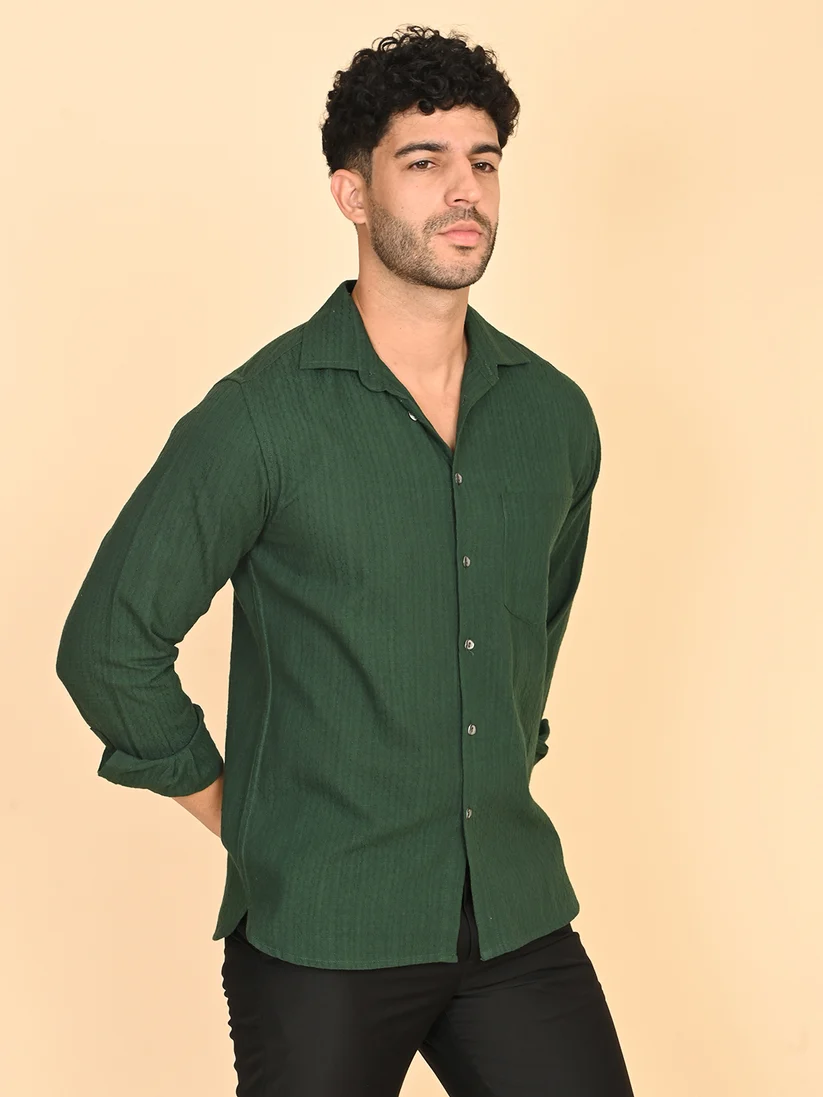 Full Sleeve Shirt in Green Cotton Dobby