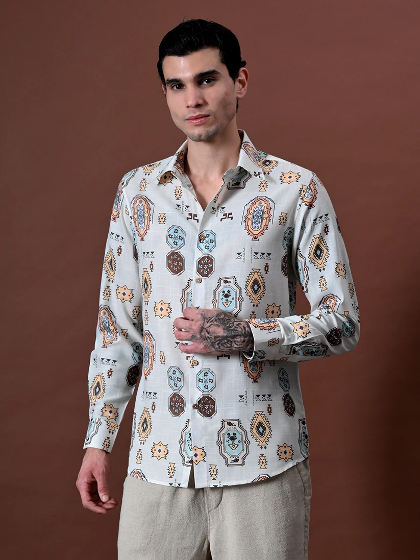 Beach wear Printed Shirt In Cotton Linen Blend