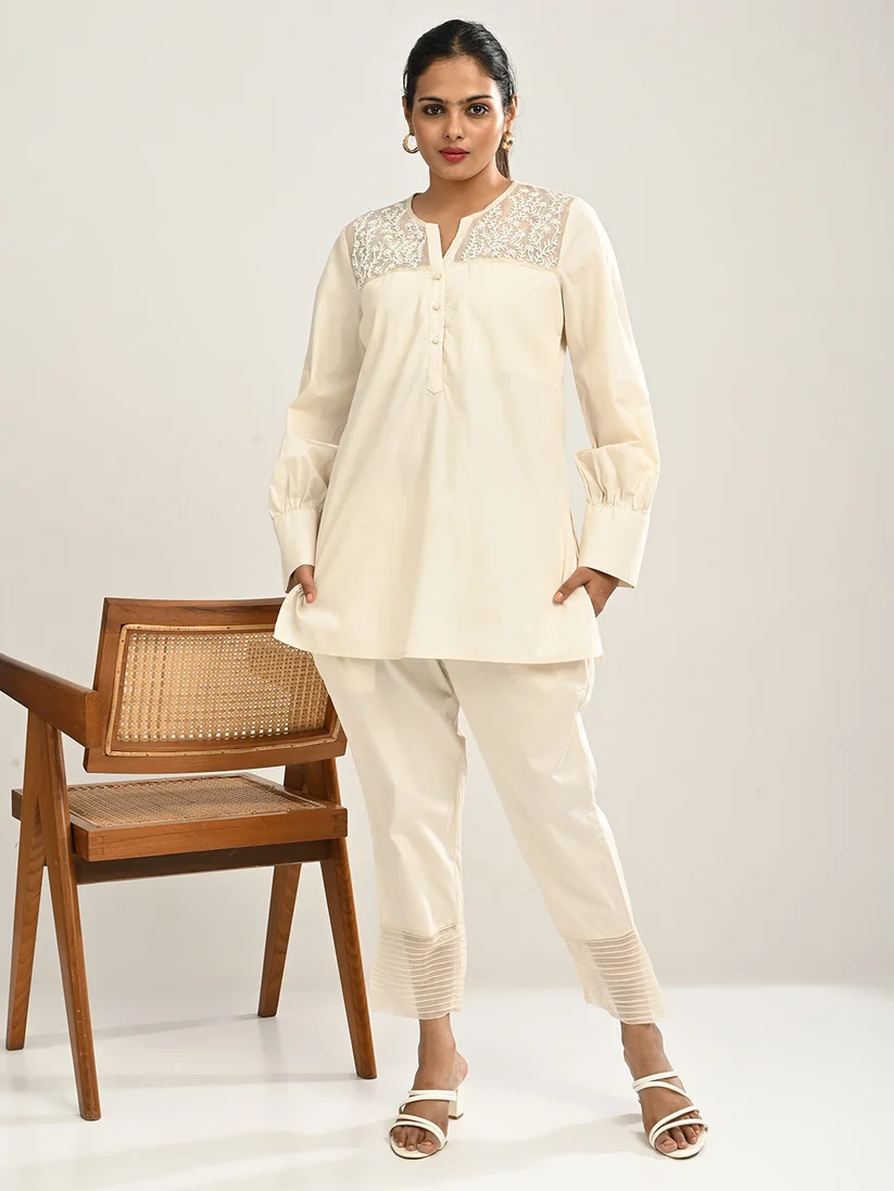 Cotton Co-ord Set In Ivory with Hand work