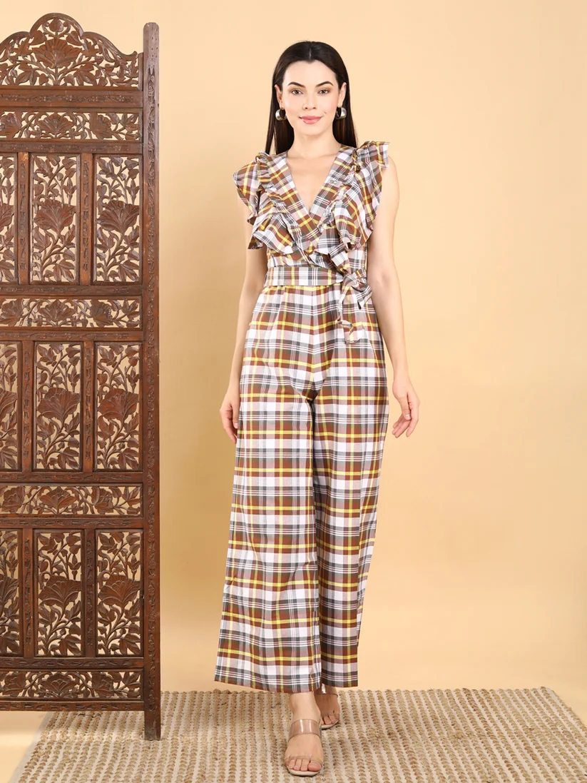 Ruffle Wrap Checkered Jumpsuit