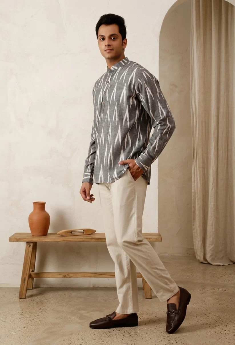 Short Kurta Grey Ikat Cotton