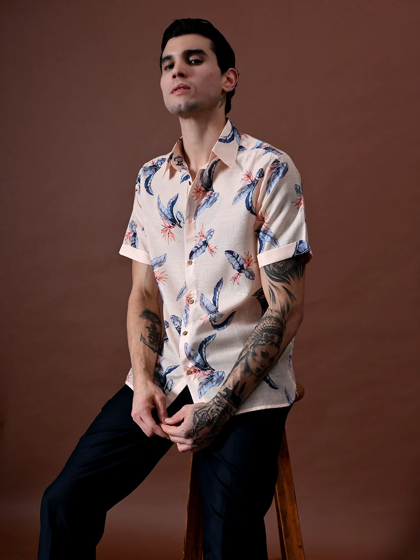 Beach wear Printed Shirt In Cotton Linen Blend