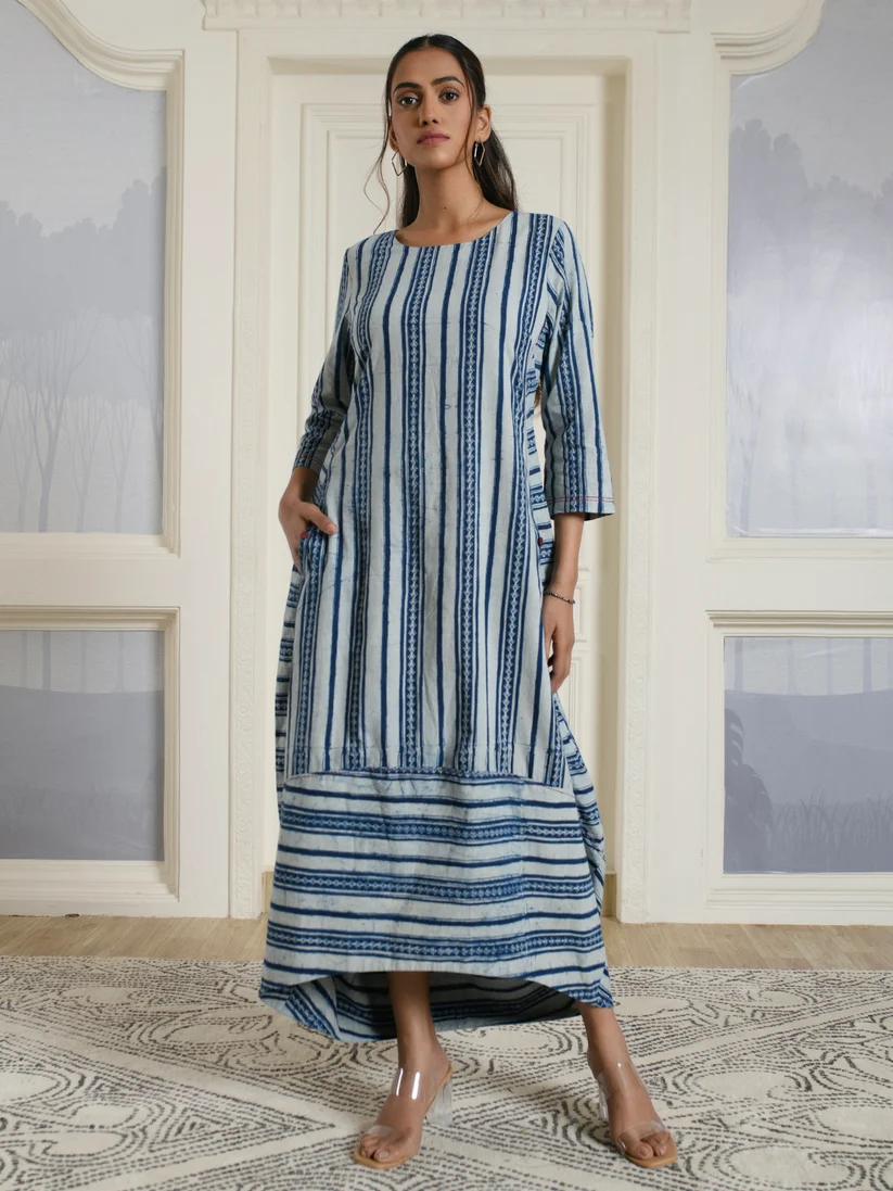 Blue Striped Cotton Maxi Dress