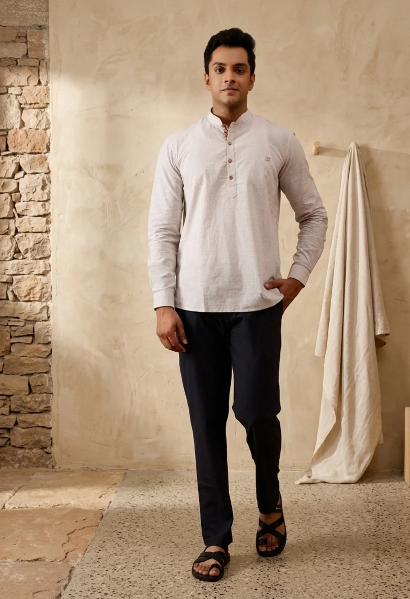 Short Kurta in Cotton Pin Stripes