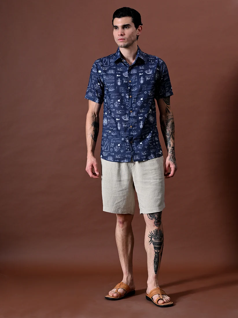Beach wear Printed Shirt In Cotton Linen Blend