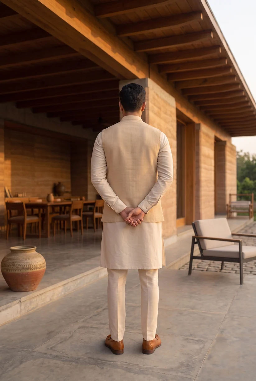 Festive Tussar Silk Embroidered Bundi- Beige