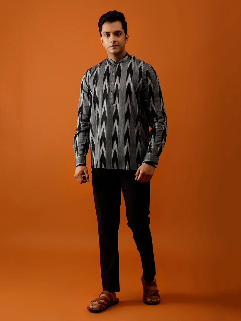 Short Kurta Black & Grey Ikkat Cotton