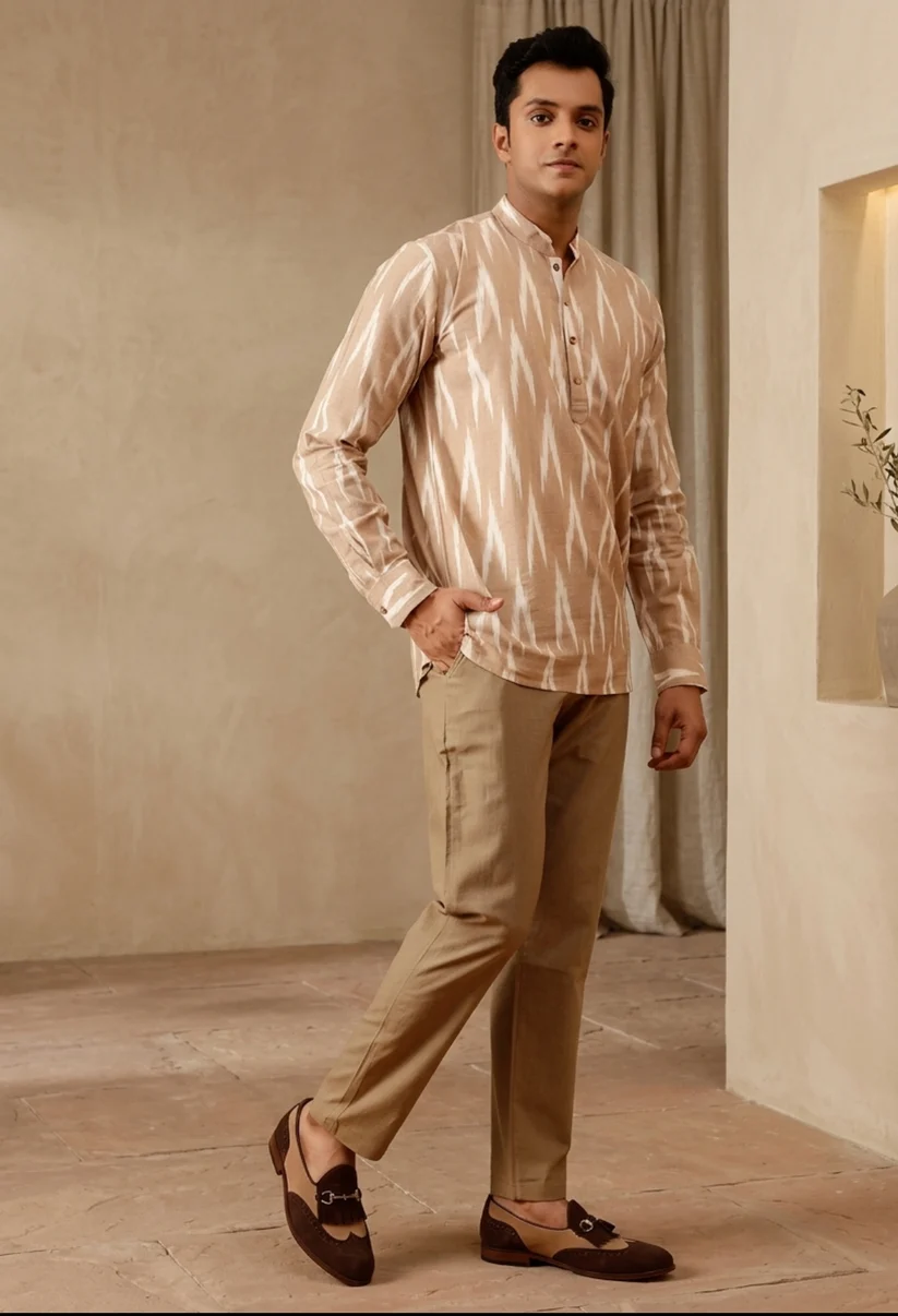 Short Kurta Beige Ikkat Print