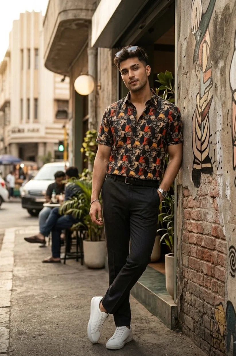 Beach wear Printed Shirt In Cotton Linen Blend