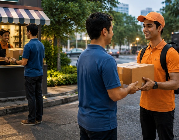 Delivery partner handing over packages