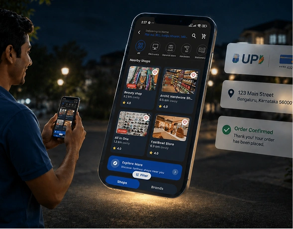Comparing shop options on a phone at night